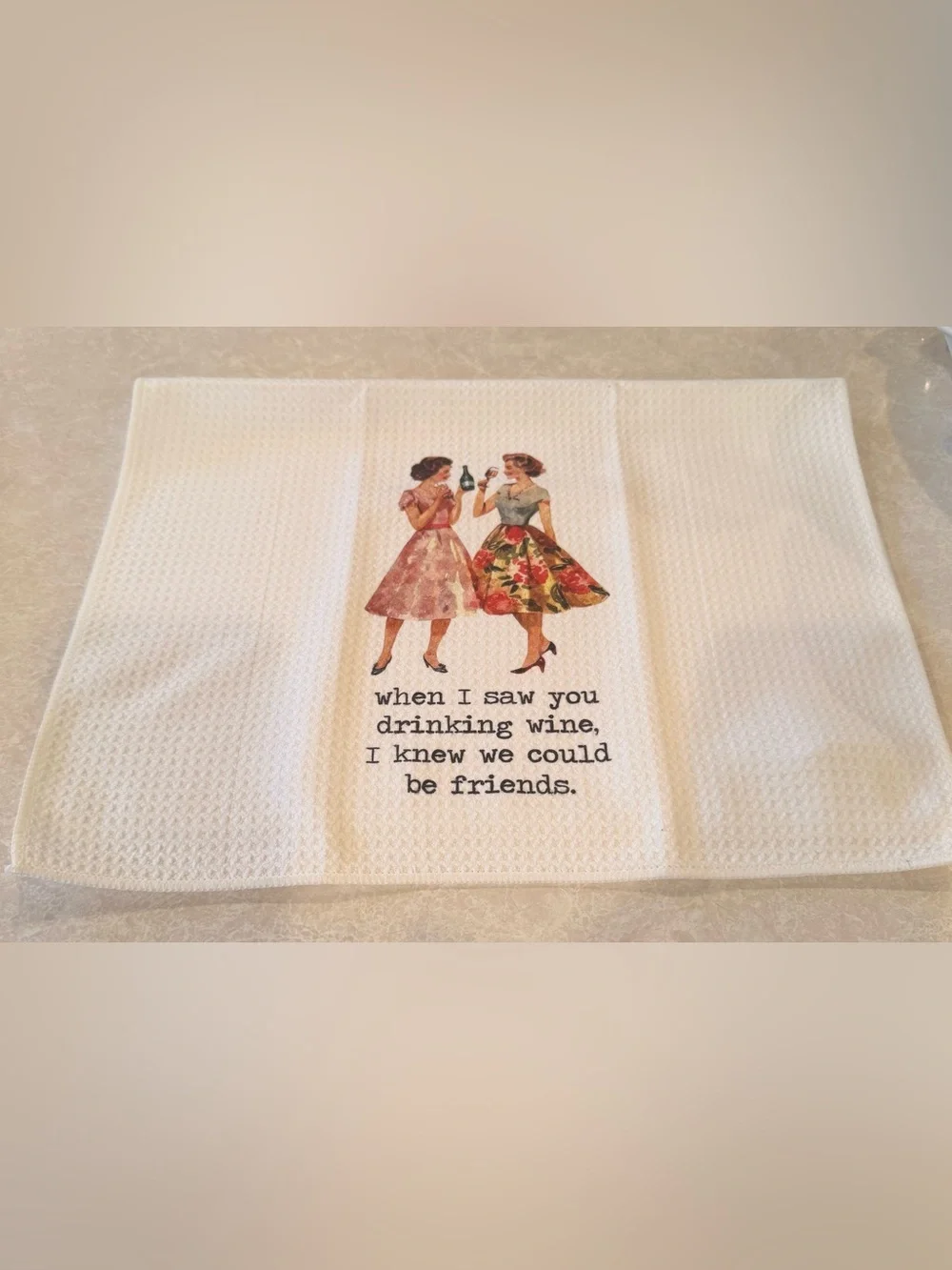 Vintage Style waffle weave Friends Kitchen Towel - White